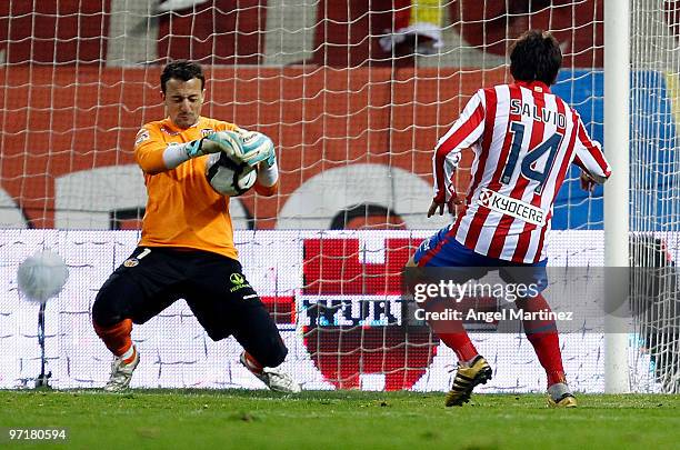 Cesar Sanchez of Valencia catches the ball during the La Liga match between Atletico Madrid and Valencia at Vicente Calderon Stadium on February 28,...