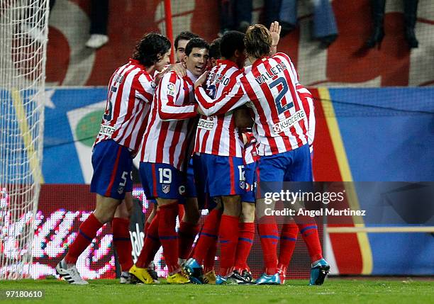 Player of Atletico Madrid celebrate a goal during the La Liga match between Atletico Madrid and Valencia at Vicente Calderon Stadium on February 28,...