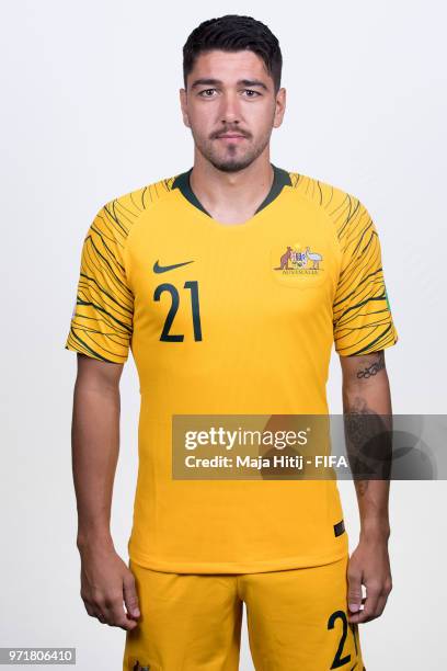 Dimitrios Petratos of Australia poses for a portrait during the official FIFA World Cup 2018 portrait session at Trudovyne Rezeny on June 11, 2018 in...