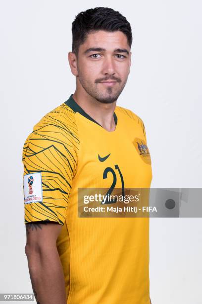 Dimitrios Petratos of Australia poses for a portrait during the official FIFA World Cup 2018 portrait session at Trudovyne Rezeny on June 11, 2018 in...