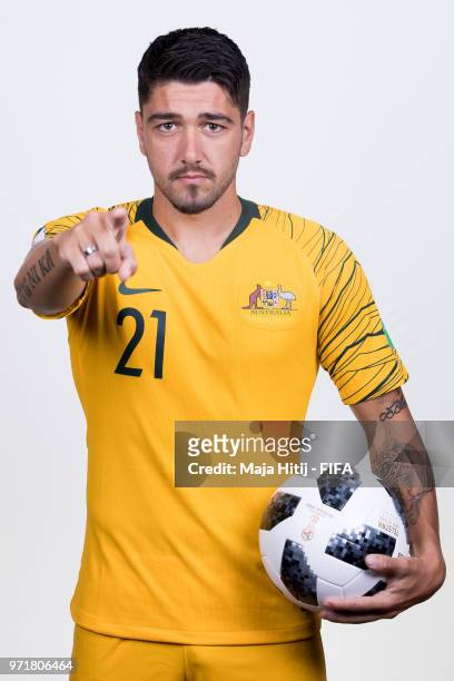 Dimitrios Petratos of Australia poses for a portrait during the official FIFA World Cup 2018 portrait session at Trudovyne Rezeny on June 11, 2018 in...