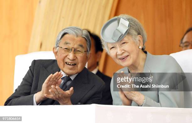 Emperor Akihito and Empress Michiko watch a performance during the National Tree-Planting Festival on June 10, 2018 in Minamisoma, Fukushima, Japan....