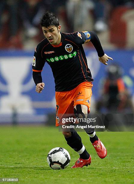 David Villa of Valencia in action during the La Liga match between Atletico Madrid and Valencia at Vicente Calderon Stadium on February 28, 2010 in...