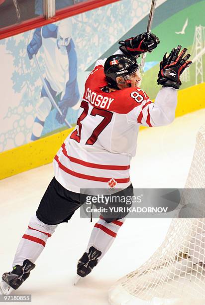 Canadian forward Sidney Crosby celebrates scoring as his team win gold during the Men's Gold Medal Hockey match between USA and Canada at the Canada...