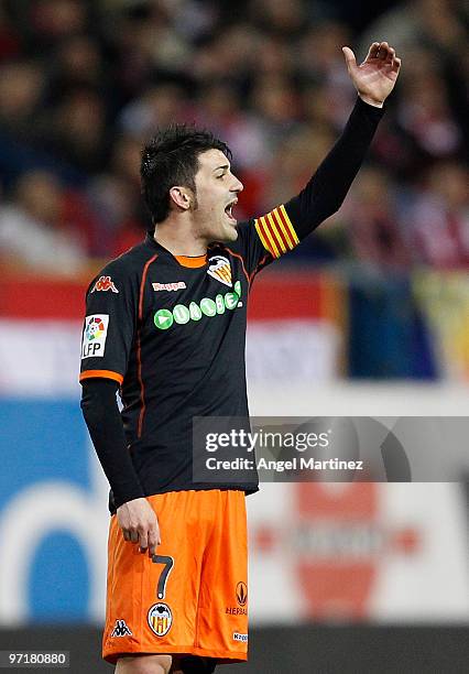 David Villa of Valencia reacts during the La Liga match between Atletico Madrid and Valencia at Vicente Calderon Stadium on February 28, 2010 in...
