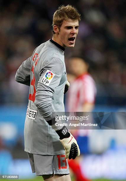 David de Gea of Atletico Madrid reacts during the La Liga match between Atletico Madrid and Valencia at Vicente Calderon Stadium on February 28, 2010...