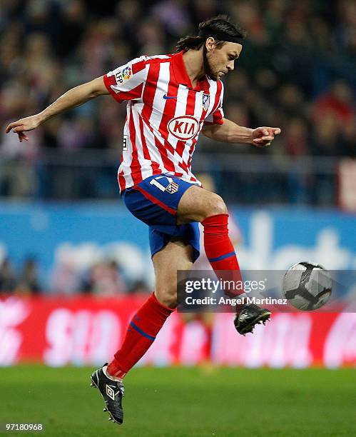 Thomas Ujfalusi of Atletico Madrid in action during the La Liga match between Atletico Madrid and Valencia at Vicente Calderon Stadium on February...