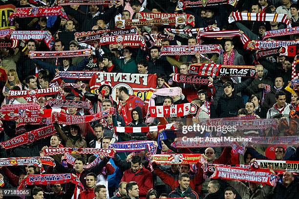 The Atletico Madrid fans celebrate their team victory during the La Liga match between Atletico Madrid and Valencia at Vicente Calderon Stadium on...