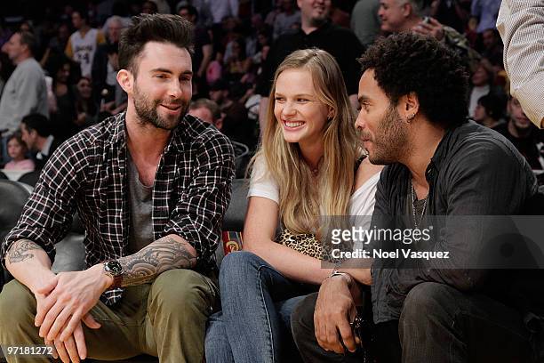 Adam Levine and Lenny Kravitz attend a game between the Denver Nuggets and the Los Angeles Lakers at Staples Center on February 28, 2010 in Los...
