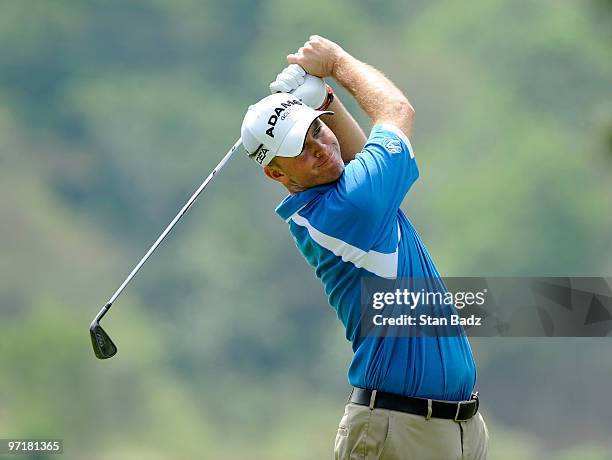 Josh Broadaway hits from the sixth tee box during the final round of the Panama Claro Championship at Club de Golf de Panama on February 28, 2010 in...