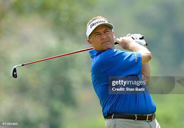 Ken Duke hits from the sixth tee box during the final round of the Panama Claro Championship at Club de Golf de Panama on February 28, 2010 in Panama...