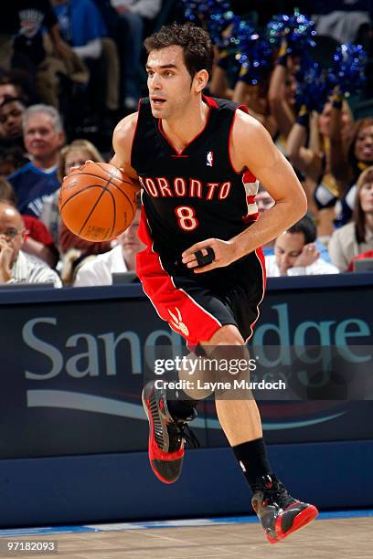 Jose Calderon of the Toronto Raptors brings the ball up court during a game against the Oklahoma City Thunder on February 28, 2010 at the Ford Center...