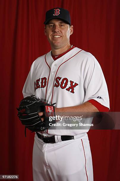 John Lackey of the Boston Red Sox poses during photo day at the Boston Red Sox Spring Training practice facility on February 28, 2010 in Ft. Myers,...