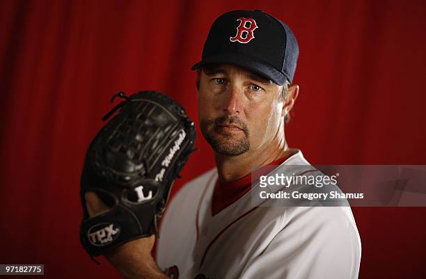 Tim Wakefield of the Boston Red Sox poses during photo day at the Boston Red Sox Spring Training practice facility on February 28, 2010 in Ft. Myers,...