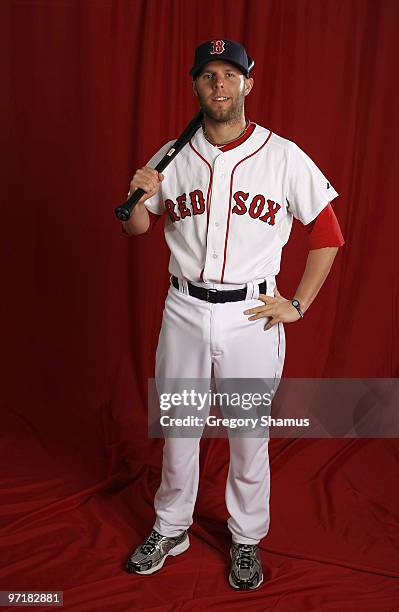 Dustin Pedroia of the Boston Red Sox poses during photo day at the Boston Red Sox Spring Training practice facility on February 28, 2010 in Ft....