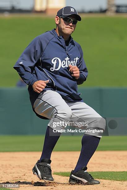 Johnny Damon of the Detroit Tigers runs the bases during spring training workouts at Joker Marchant Stadium on February 28, 2010 in Lakeland, Florida.