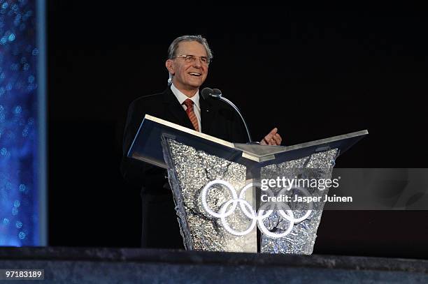 President Jacques Rogge speaks during the Closing Ceremony of the Vancouver 2010 Winter Olympics at BC Place on February 28, 2010 in Vancouver,...