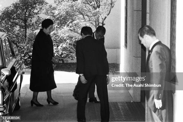 Prince Mikasa and Princess Yuriko of Mikasa are seen on arrival at the residence of late Prince Takamatsu on first anniversary of his death on...