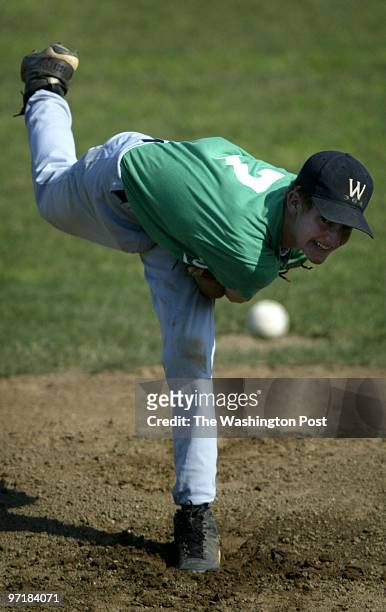 Neg#:145090 Photog:Preston Keres/TWP James Wood High School, Winchester, Va. Brett Meyer fires a pitch during the first inning.