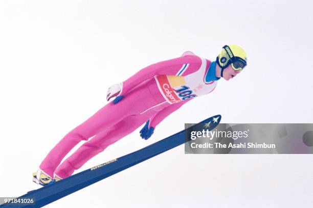 Ski Jumper Matti Nykanen of Finland soars during a practice session ahead of the Calgary Winter Olympics at the Canada Olympic Park on February 10,...