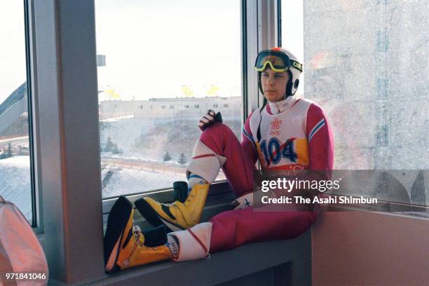 Ski jumper Matti Nykanen of Finland is seen during a practice session ahead of the Calgary Winter Olympics at the Canada Olympic Park on February 10,...