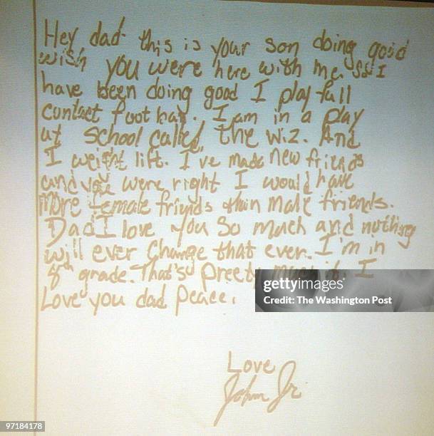 Letter from John Jr., the son of convicted sniper John Allen Muhammad, is displayed on a screen during the penalty phase of his trial in Virginia...