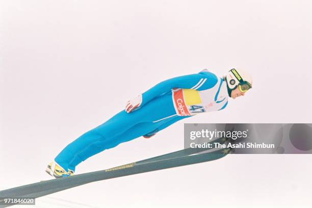 Matti Nykanen of Finland competes in the Ski Jumping Normal Hill during the Calgary Winter Olympics at the Canada Olympic Park on February 14, 1988...