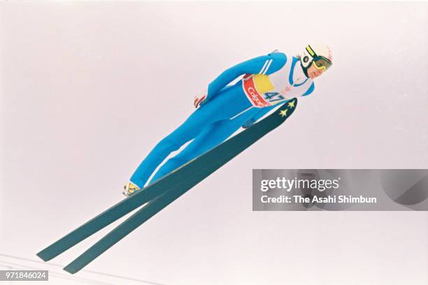 Matti Nykanen of Finland competes in the Ski Jumping Normal Hill during the Calgary Winter Olympics at the Canada Olympic Park on February 14, 1988...