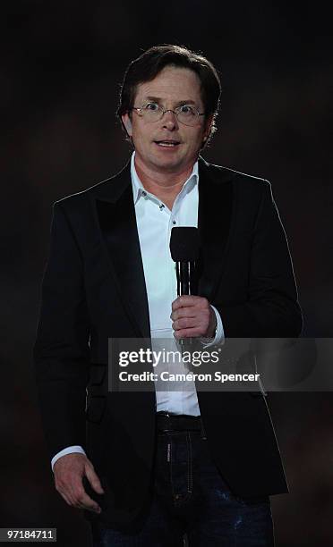 Actor Michael J. Fox speaks during the Closing Ceremony of the Vancouver 2010 Winter Olympics at BC Place on February 28, 2010 in Vancouver, Canada.