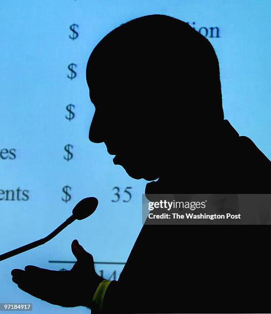 Washington, D.C. Mayor Anthony Williams is silhouetted against the power-point presentation screen as he outlined budget plans today at a press...