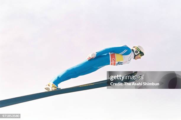 Matti Nykanen of Finland competes in the Ski Jumping Large Hill during the Calgary Winter Olympics at the Canada Olympic Park on February 23, 1988 in...