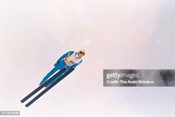 Matti Nykanen of Finland competes in the Ski Jumping Large Hill during the Calgary Winter Olympics at the Canada Olympic Park on February 23, 1988 in...