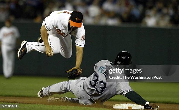 04/21/04 PHOTO BY: JOEL RICHARDSON 154604 BALTIMORE ORIOLES PLAY THE TAMPA BAY DEVIL RAYS ,,,,RAYS WIN 7-3 ,,, RAYS EDUARDO PEREZ TAKES OUT O'S 2ND...