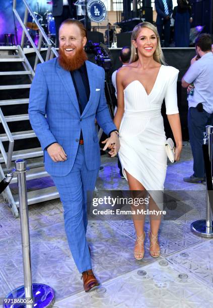 Justin Turner and Kourtney Turner attend the Fourth Annual Los Angeles Dodgers Foundation Blue Diamond Gala at Dodger Stadium on June 11, 2018 in Los...