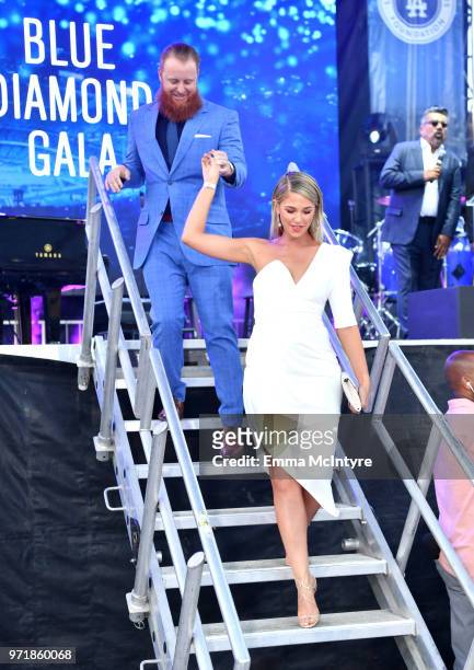 Justin Turner and Kourtney Turner attend the Fourth Annual Los Angeles Dodgers Foundation Blue Diamond Gala at Dodger Stadium on June 11, 2018 in Los...