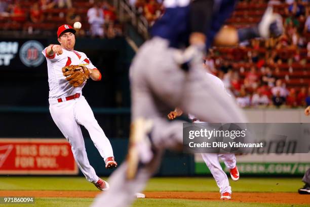 Jedd Gyorko of the St. Louis Cardinals throws to first base against the San Diego Padres in the eighth inning at Busch Stadium on June 11, 2018 in...