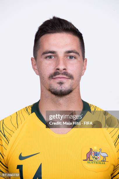 Jamie MacLaren of Australia poses for a portrait during the official FIFA World Cup 2018 portrait session at Trudovyne Rezeny on June 11, 2018 in...