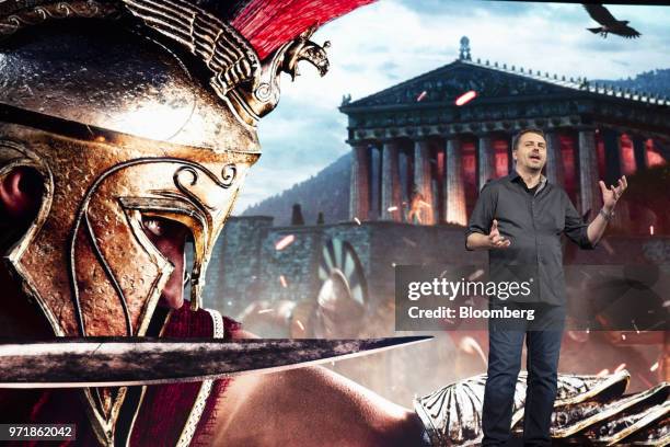 Jonathan Dumont, creative director at UbiSoft Entertainment SA Quebec, speaks while announcing the Assassins Creed: Odyssey video game during the...