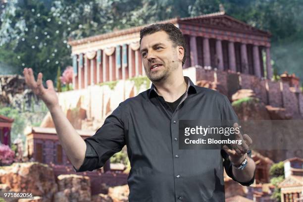 Jonathan Dumont, creative director at UbiSoft Entertainment SA Quebec, speaks while announcing the Assassins Creed: Odyssey video game during the...
