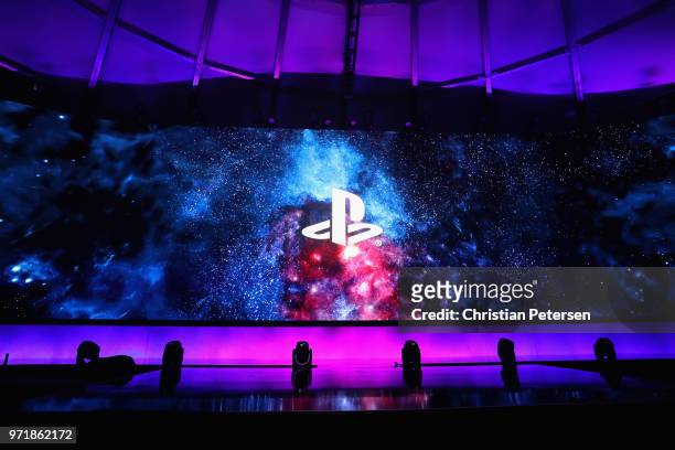 Sony Playstation logos are displayed during the Sony Playstation E3 conference at LA Center Studios on June 11, 2018 in Los Angeles, California. The...