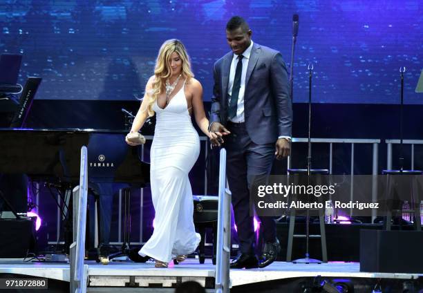 Andrea de la Torre and Yasiel Puig attend the Fourth Annual Los Angeles Dodgers Foundation Blue Diamond Gala at Dodger Stadium on June 11, 2018 in...