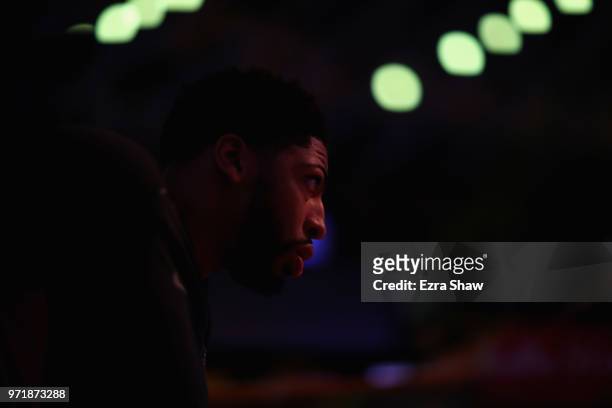 Anthony Davis of the New Orleans Pelicans stands on the side of the court during player introductions before their game against the Golden State...