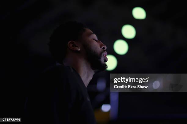 Anthony Davis of the New Orleans Pelicans stands on the side of the court during player introductions before their game against the Golden State...