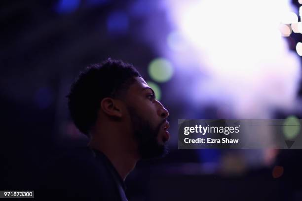 Anthony Davis of the New Orleans Pelicans stands on the side of the court during player introductions before their game against the Golden State...