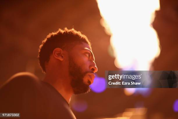 Anthony Davis of the New Orleans Pelicans stands on the side of the court during player introductions before their game against the Golden State...