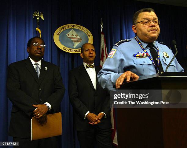 Chief Charles Ramsey, DC Mayor Anthony Williams and DC Councilman Vincent Orange announce the arrest of two suspects in the Colonel Brooks Tavern...