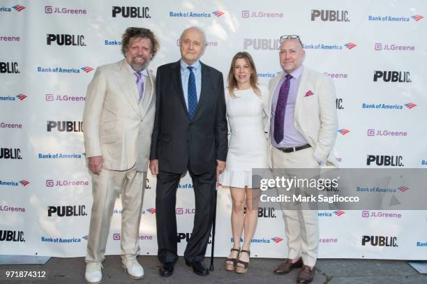 Oskar Eustis, Leonard Tow, Arielle Tepper Madover and Patrick Willingham attend the 2018 Public Theater Gala at Delacorte Theater on June 11, 2018 in...