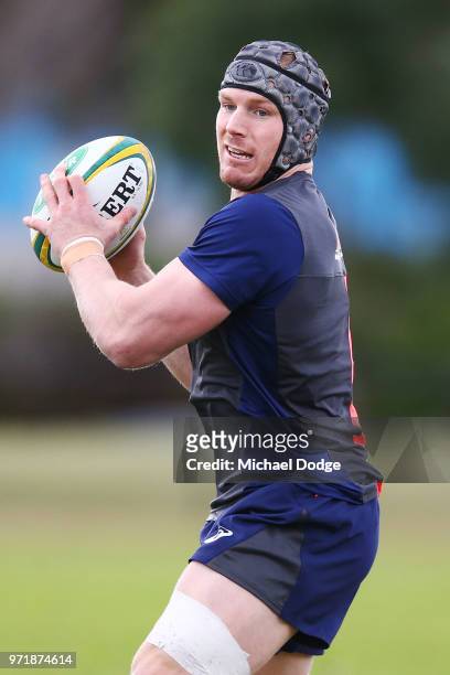 David Pocock of the Wallabies passes the ball during an Australian Wallabies training saession on June 12, 2018 in Melbourne, Australia.