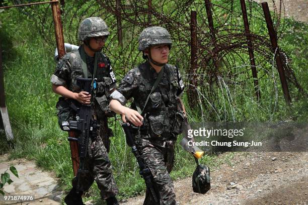 South Korean army soldiers patrol at Imjingak Pavilion near the demilitarized zone on June 12, 2018 in Paju, South Korea. U.S. President Trump and...