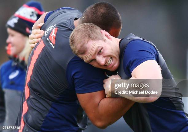 David Pocock of the Wallabies tackles during an Australian Wallabies training saession on June 12, 2018 in Melbourne, Australia.